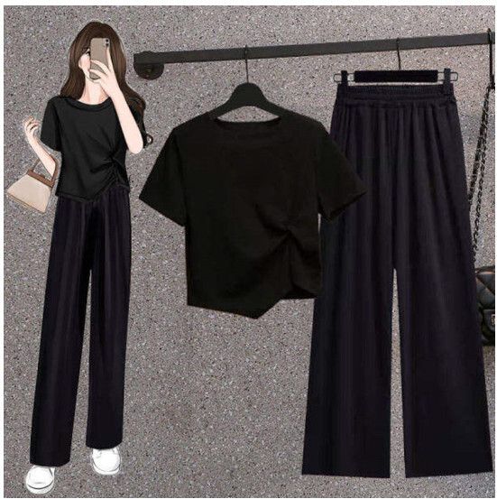 不規則短款T卹闊腿褲套裝【黑色】 (尺碼：S-2XL碼) (下單後聯繫客服確認發貨尺碼)#F158027151