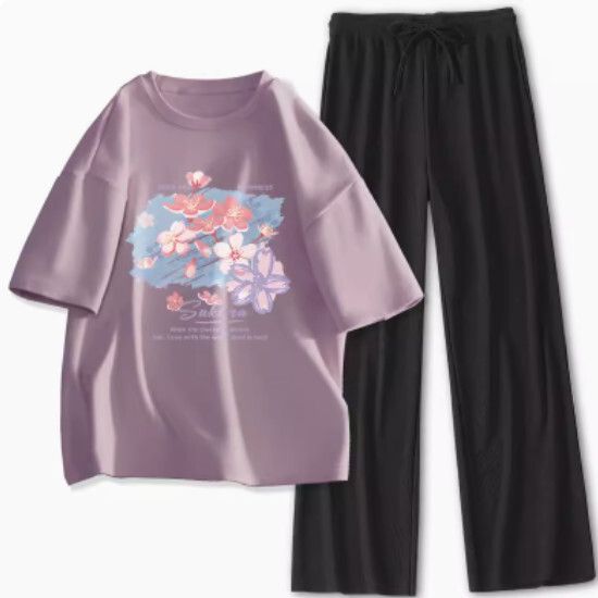 寬鬆短袖長褲兩件套【香芋紫（塗雅櫻花）+黑褲】【S-XL碼】（下單後請聯絡客服確認發貨尺碼）#K011002504