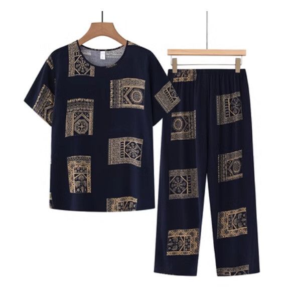 夏季中老年棉麻套裝（黑色圖案）【尺碼：XL-4XL】【下單後聯絡客服確認發貨尺碼】F203013126