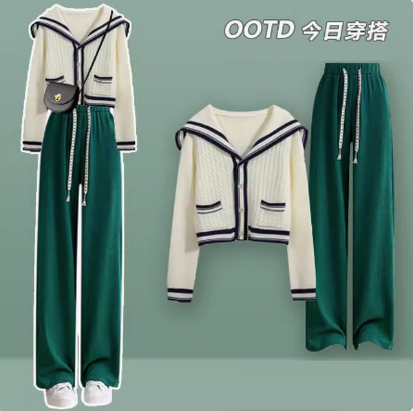 海軍領毛衣搭配闊腿褲子兩件套（藍條毛衣+綠色休閒褲S-2XL）（下單後聯絡客服確認發貨尺碼）#F350001160
