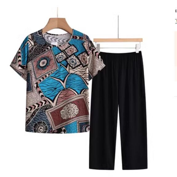 夏季中老年洋氣減齡套裝（塗鴉藍色）【尺碼：XL-4XL】【下單後聯絡客服確認發貨尺碼】F203013134