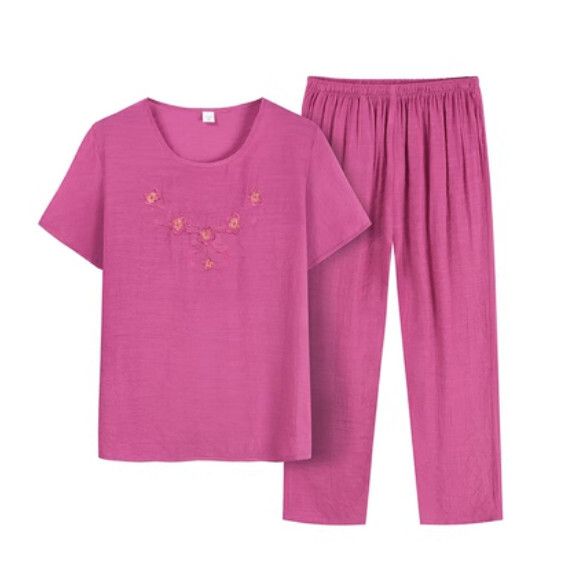 夏季中老年綿綢套裝（綠色）【尺碼：XL-4XL】【下單後聯絡客服確認發貨尺碼】F203013046