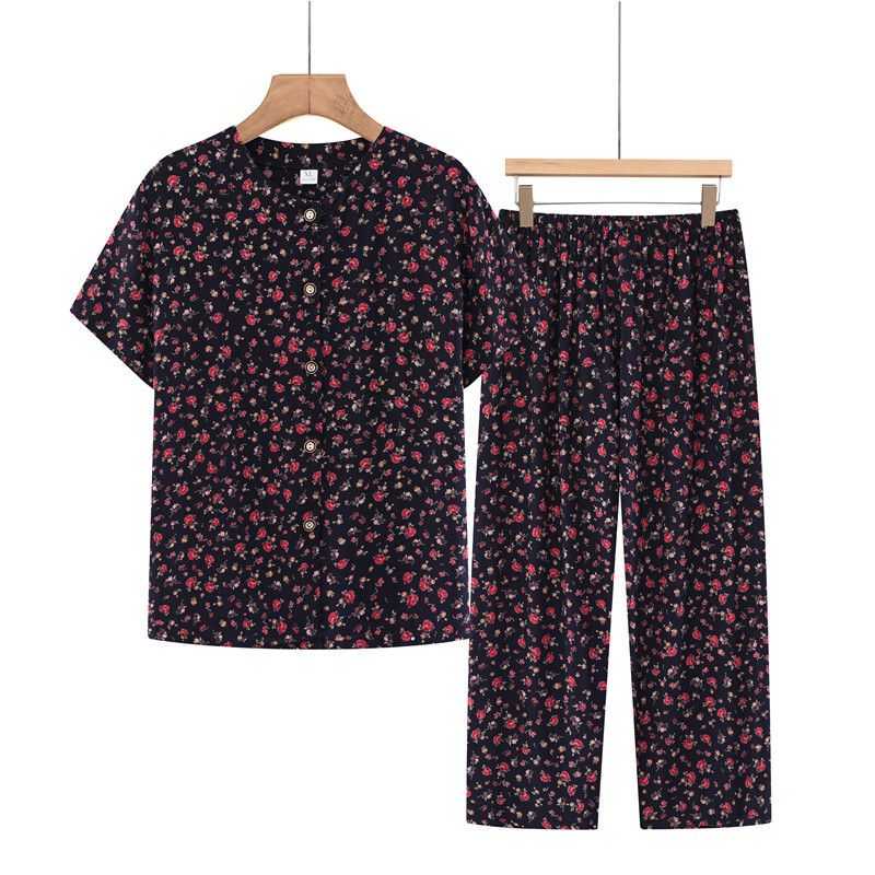 中老年媽媽短袖套裝(XL-4XL碼 黑色紅花）【下單後請聯絡客服確認發貨尺碼】F001099406