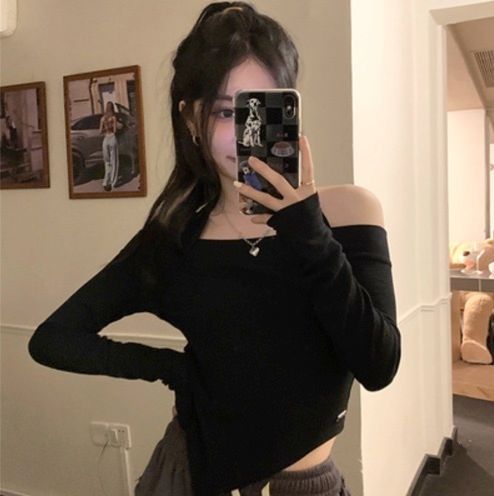 掛脖一字肩長袖T卹(黑色,S-XL碼)【下單後請聯絡客服確認發貨尺碼】#F220012129