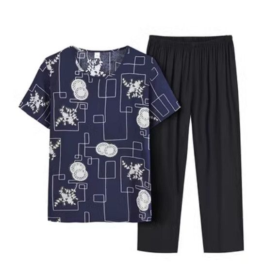 夏季中老年兩件套套裝（格子藏青色）【尺碼：XL-4XL】【下單後聯絡客服確認發貨尺碼】F203013052
