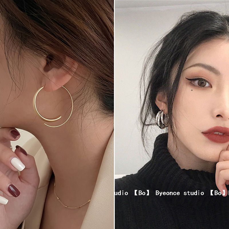 【2對裝】氣質簡約耳環 高級感耳飾(圓圈圈耳環+大三爪銀色耳圈）#F001104648