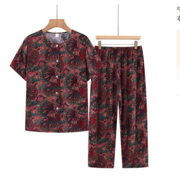 夏季中老年綿綢開衫套裝（暗紅羽毛）【尺碼：XL-5XL】【下單後聯絡客服確認發貨尺碼】F203013105