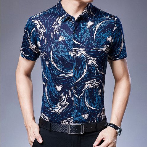 男士印花短袖襯衫（蘭色8808 105-110碼）（下單後聯繫客服確認發貨尺碼）#S055008272