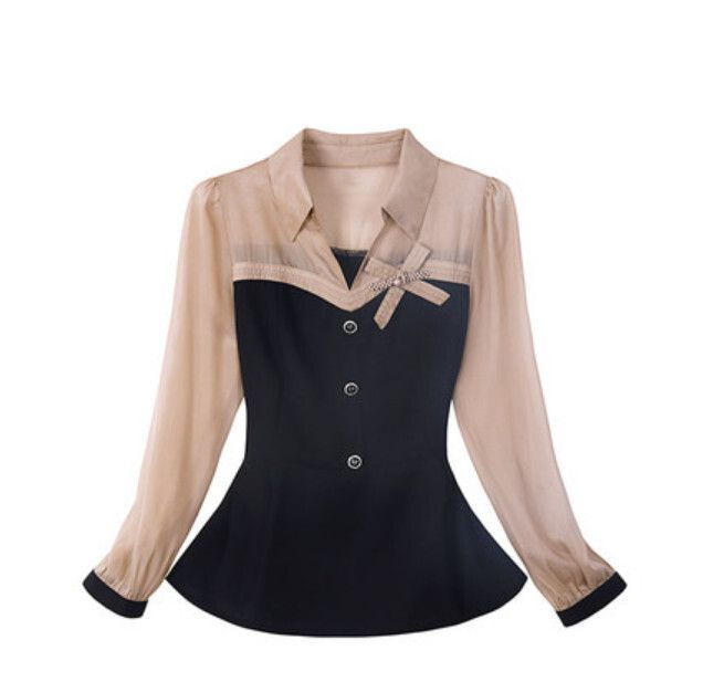 收腰長袖雪紡襯衫（卡其色 S-XL碼）(下單後聯絡客服確認發貨尺碼)#F111048485