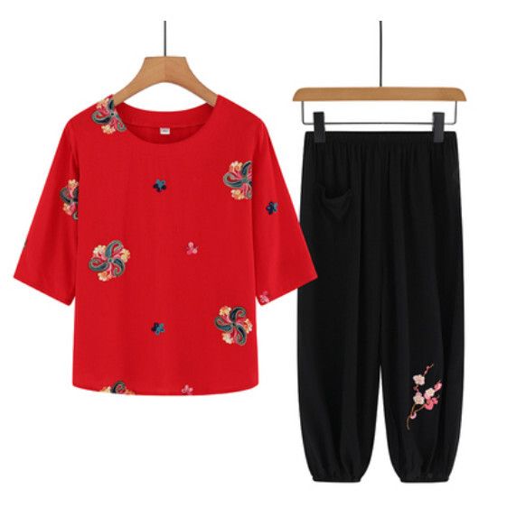 夏季中老年套裝（棗紅套裝）【尺碼：XL-4XL】【下單後聯絡客服確認發貨尺碼】F203013311