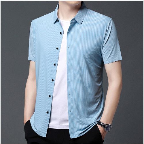 男士條紋短袖襯衫（綠細條M-4XL碼）（下單後聯繫客服確認發貨尺碼）#S055008282