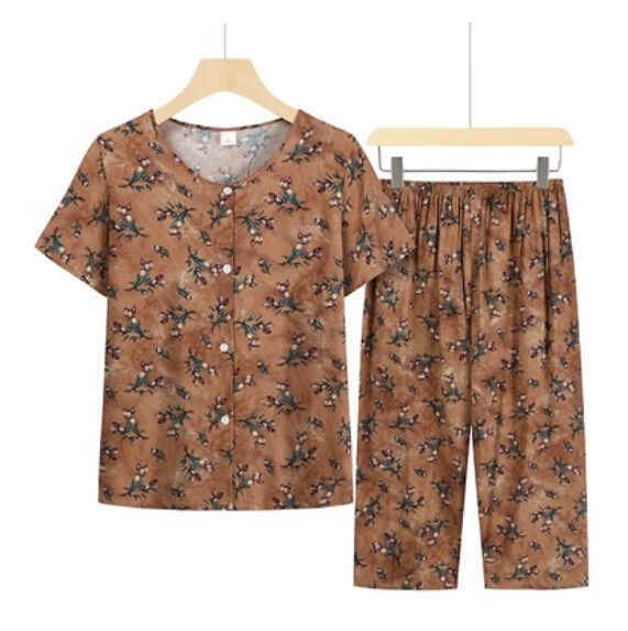 夏季中老年綿綢套裝（深卡其）【尺碼：XL-4XL】【下單後聯絡客服確認發貨尺碼】F203013327