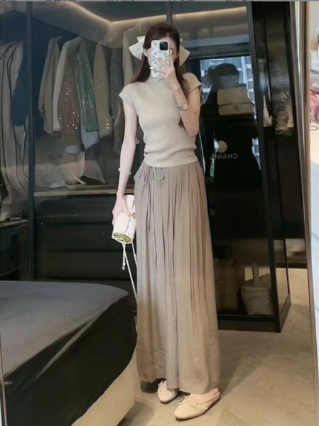 針織上衣闊腿褲兩件套（杏色）（規格：S-XL碼）(下單後聯絡客服確認發貨尺碼) #F047050389