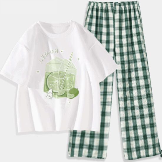 短袖格子褲兩件套【墨綠色（冰爽青檸）+深綠褲】【S-XXL碼】（下單後請聯絡客服確認發貨尺碼）#K011002704