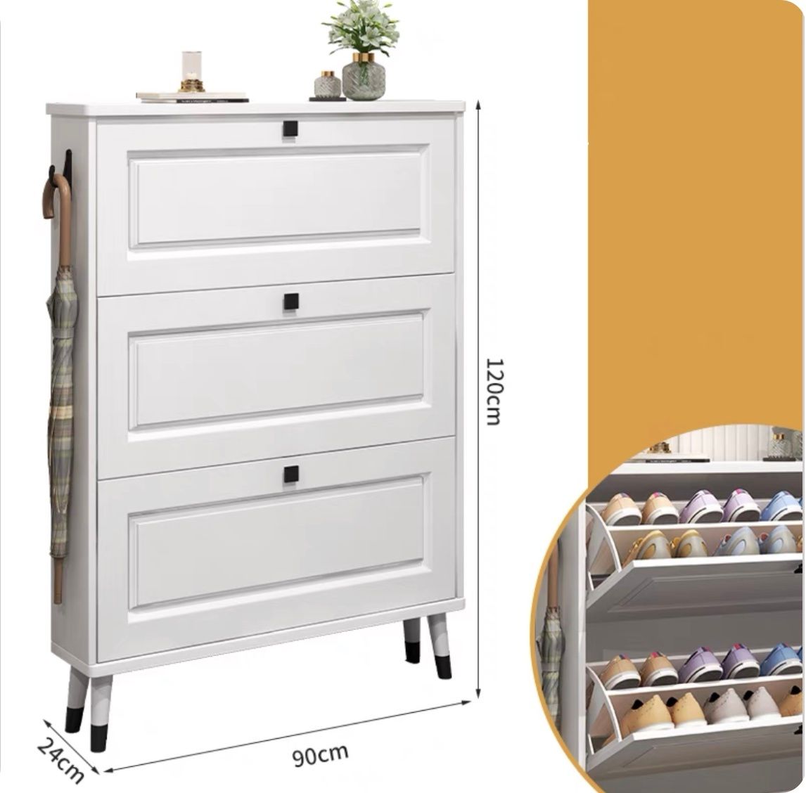 簡約門口超薄翻鬥鞋櫃儲物收納置物櫃【實木櫃腳 長90*寬24*高120cm】白色