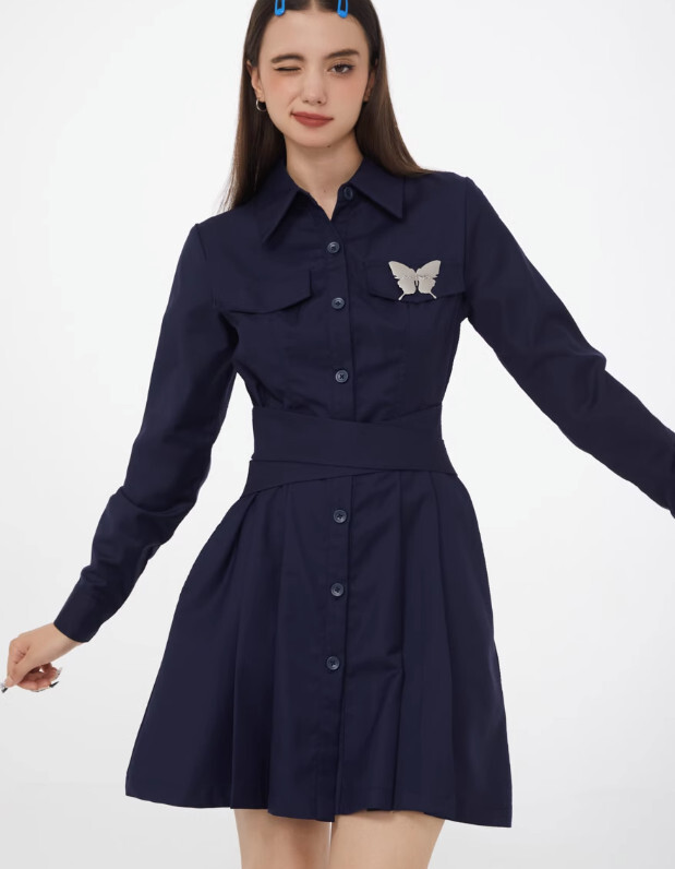 秋冬學院風收腰西裝面料襯衫連衣裙（藏藍）（尺碼：S碼）#F002072298