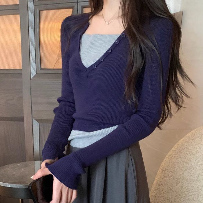 撞色假兩件針織衫(均碼)(藏青色)#K004008593