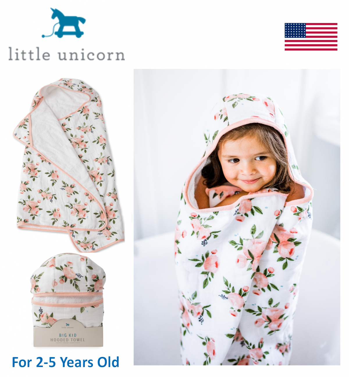 兒童棉紗質連帽浴巾- (2-5 歲適用)- Watercolor Rose (UH0209)