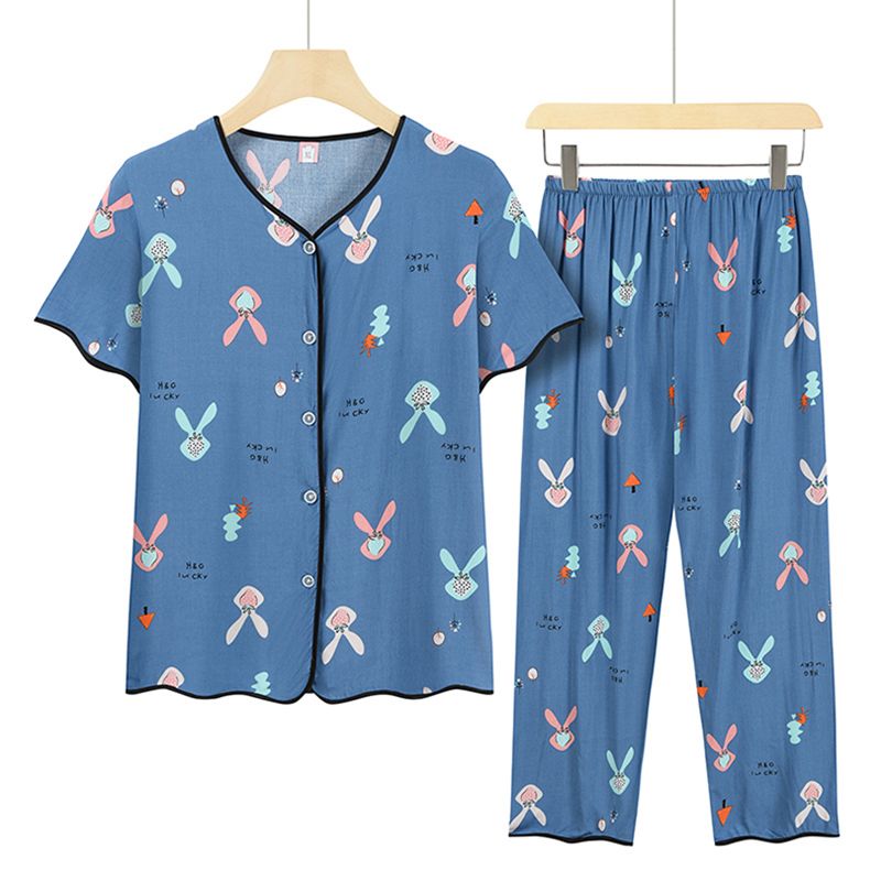 中老年媽媽短袖套裝(XL-4XL碼 藍色兔子）【下單後請聯絡客服確認發貨尺碼】F001099352