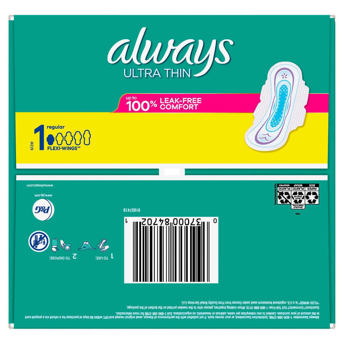 Always Ultra Thin Regular Pads, Unscented with Wings, 96 Count