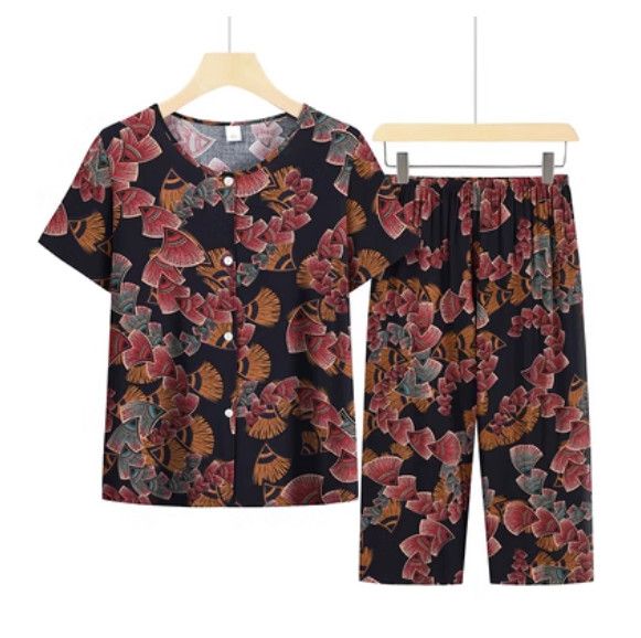 夏季中老年綿綢套裝（黑咖）【尺碼：XL-4XL】【下單後聯絡客服確認發貨尺碼】F203013330