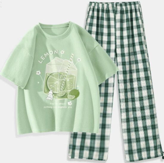 短袖格子褲兩件套【果綠色（冰爽青檸）+深綠褲】【S-XXL碼】（下單後請聯絡客服確認發貨尺碼）#K011002696