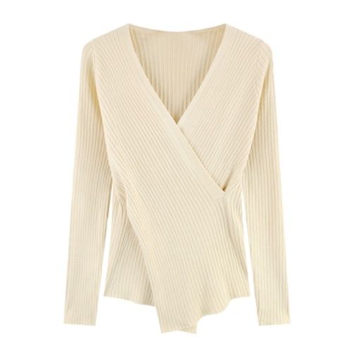 百搭顯瘦交叉長袖針織衫(杏色,均碼)#F220012189