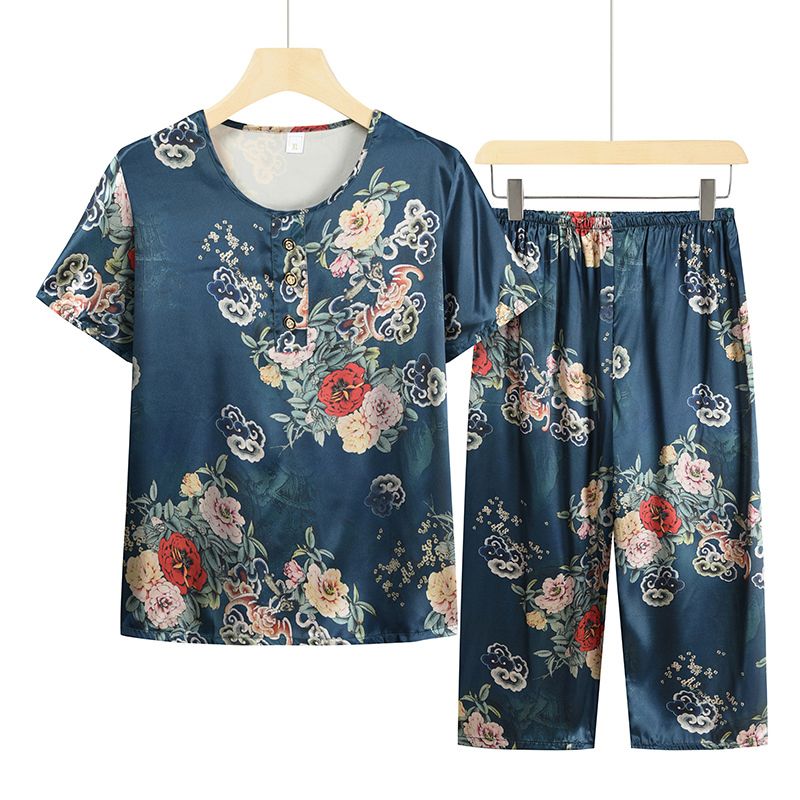 中老年媽媽短袖套裝(XL-4XL碼 墨藍色）【下單後請聯絡客服確認發貨尺碼】F001099418