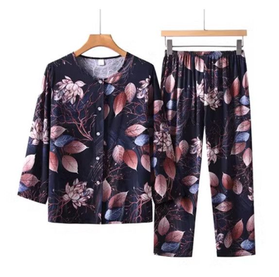 夏季中老年長袖開衫套裝（黑色底楓葉）【尺碼：XL-5XL】【下單後聯絡客服確認發貨尺碼】F203013094