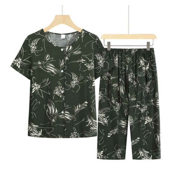 夏季中老年綿綢套裝（淡墨綠）【尺碼：XL-4XL】【下單後聯絡客服確認發貨尺碼】F203013325