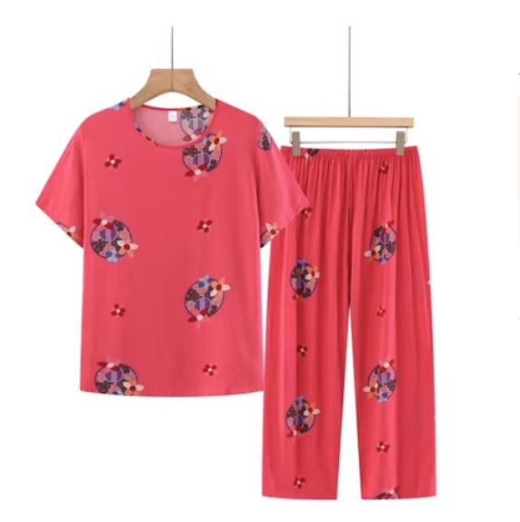 夏季中老年睡衣套裝（皮紅色）【尺碼：XL-3XL】【下單後聯絡客服確認發貨尺碼】F203013092