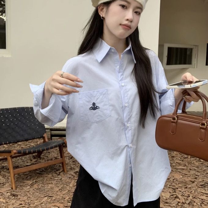 刺繡口袋紐扣長袖襯衫(均碼)(藍色)#K004008358