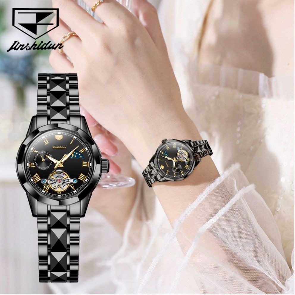 金仕盾鏤空機械錶防水女士手錶(鋼帶全黑女）#S057029100