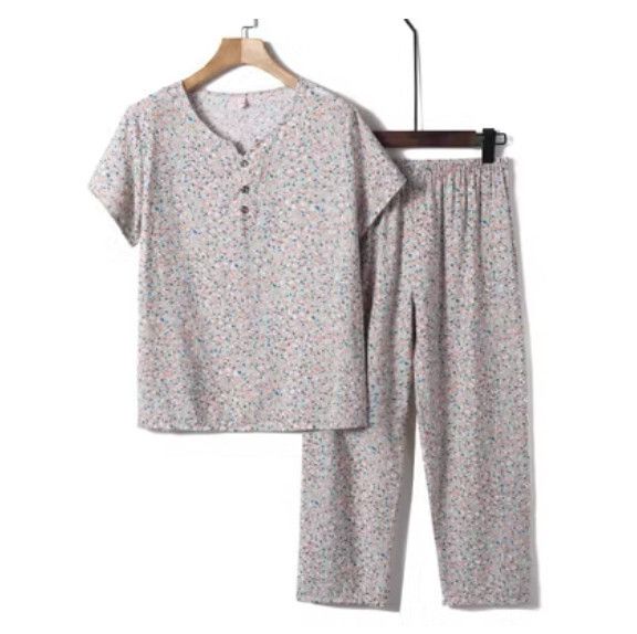 夏季中老年綿綢套裝（淺紫色小碎花）【尺碼：XL-4XL】【下單後聯絡客服確認發貨尺碼】F203013067