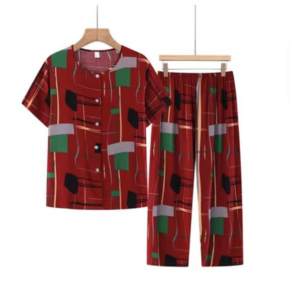 夏季中老年綿綢開衫套裝（紅綠拼色）【尺碼：XL-5XL】【下單後聯絡客服確認發貨尺碼】F203013103