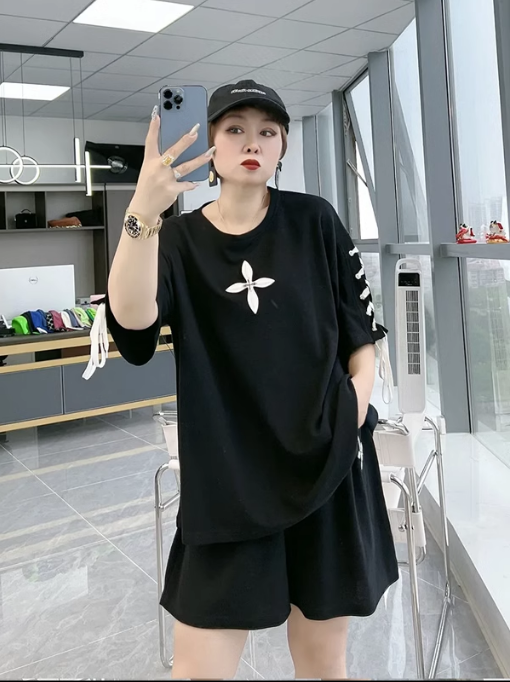 寬鬆短袖T恤短褲兩件套（黑色L-4XL）（下單後聯絡客服確認發貨尺碼）#F349001123