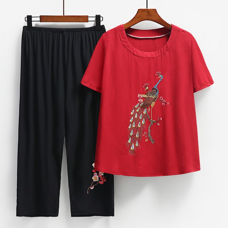 中老年媽媽短袖套裝(XL-4XL碼 酒紅色）【下單後請聯絡客服確認發貨尺碼】F001099434