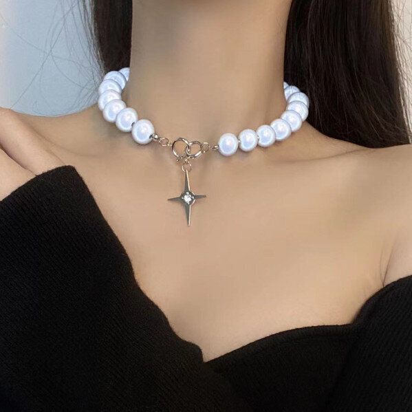 發光珍珠項鍊反光十字架串珠簡約鎖骨鏈女(1.4cm反光珠)