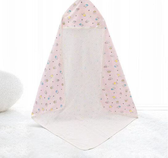 新生兒薄款抱被包巾（夏季單層雙面棉粉色條紋小熊抱被）（85*85cm）