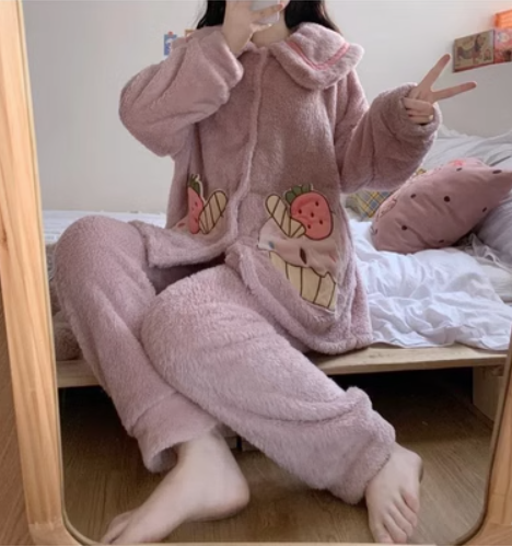 毛絨保暖睡衣+睡褲套裝（L-4XL）（下單後聯絡客服確認發貨尺碼）#F349001872