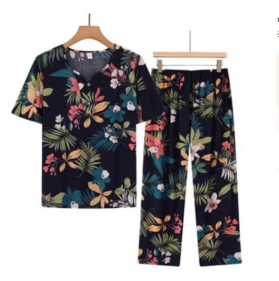 夏季中老年綿綢套裝（黑色花朵）【尺碼：XL-4XL】【下單後聯絡客服確認發貨尺碼】F203013235