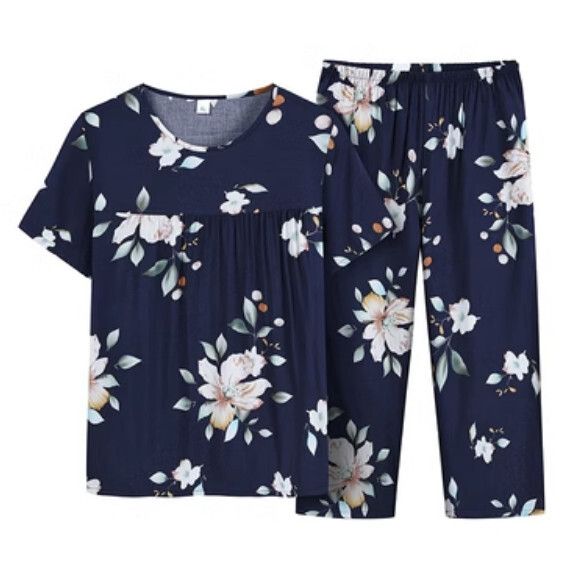 夏季中老年綿綢套裝（藏青牡丹）【尺碼：XL-4XL】【下單後聯絡客服確認發貨尺碼】F203013157