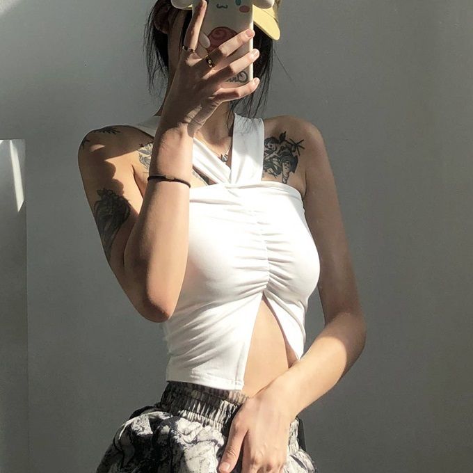 抽褶寬肩帶背心(白色)(S/M碼)(下單後聯絡客服確認發貨尺碼)#K004003208