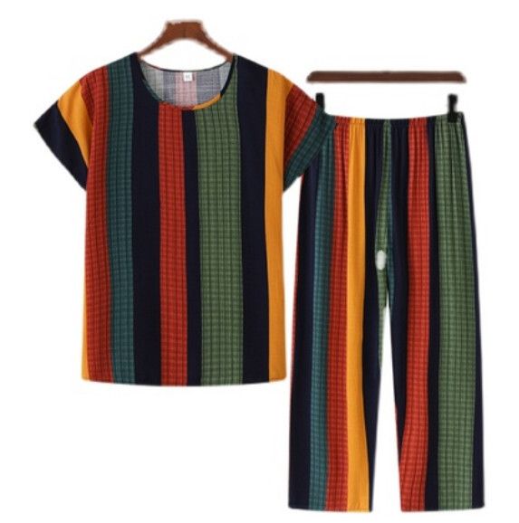 夏季中老年綿綢套裝（紅黃條紋）【尺碼：XL-4XL】【下單後聯絡客服確認發貨尺碼】F203013040