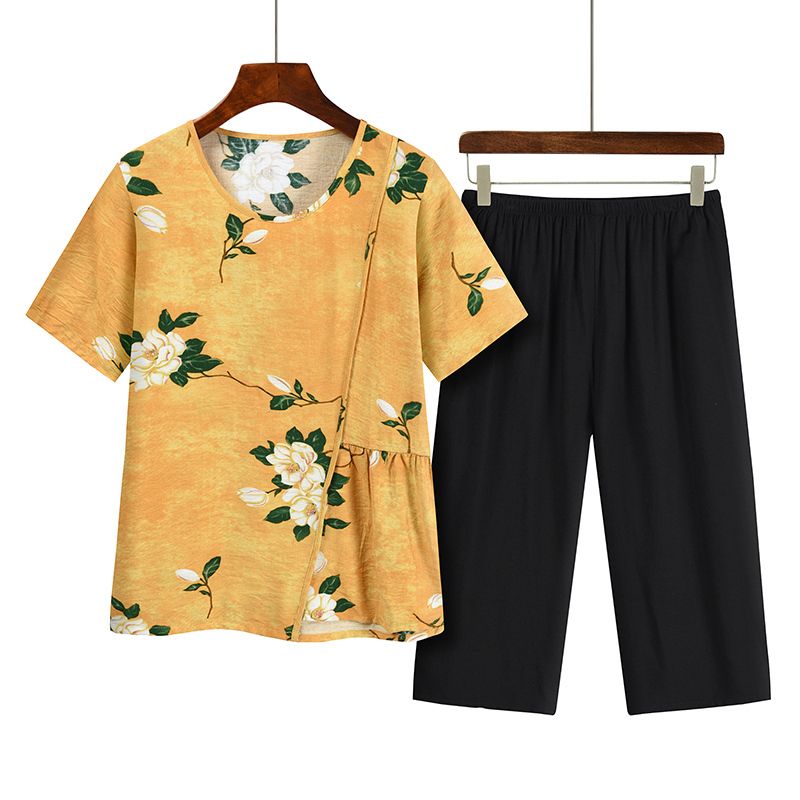 中老年媽媽短袖套裝(XL-4XL碼 淺黃色）【下單後請聯絡客服確認發貨尺碼】F001099362