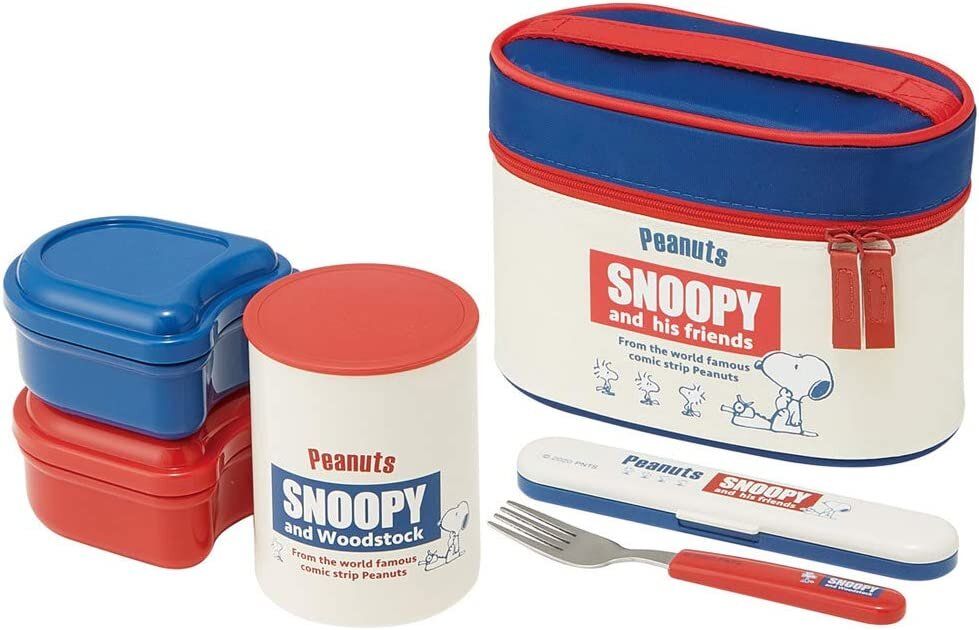 Skater Snoopy 史努比午餐盒  史諾比飯盒午餐罐套裝連叉子飯袋 (Red white Blue) Peanuts Snoopy 戶外旅行不銹鋼保溫午餐罐壺便當盒 飯盒560ml 平行進口