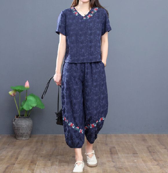 民族風復古休閒套裝【藏青色】 (尺碼：L-4XL碼) (下單後聯繫客服確認發貨尺碼)#F158027367