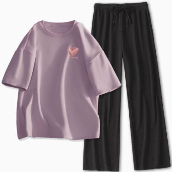 冰絲褲休閒兩件套【香芋紫（淩亂愛心）+黑褲】【S-XL碼】（下單後請聯絡客服確認發貨尺碼）#K011002497