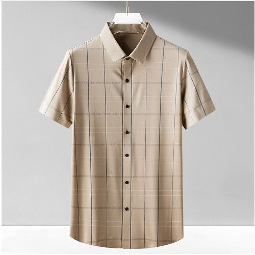 男士格子短袖襯衫（米杏色M-4XL碼）（下單後聯繫客服確認發貨尺碼）#S055008330