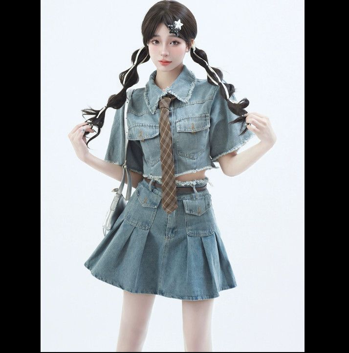 時尚套裝（牛仔上衣+牛仔半身裙 S-L碼）(下單後聯絡客服確認發貨尺碼)#F224015014